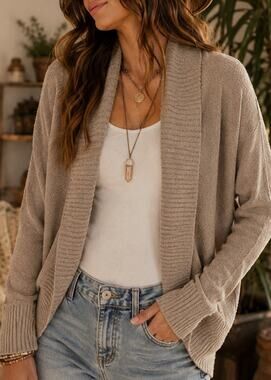 RACHEL ZOE Knit Open Front Boucle Cardigan Boho Sweater Beige Long Sleeve S Top